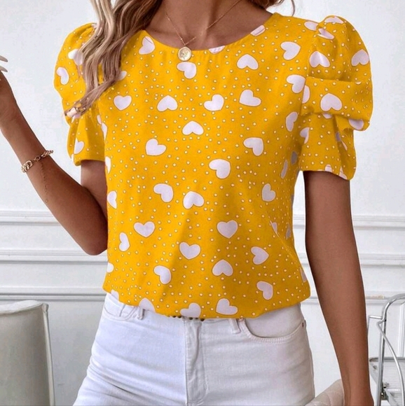 Casual Heart & Polka Dot Print Puff Sleeve Blouse - Picture 1 of 4